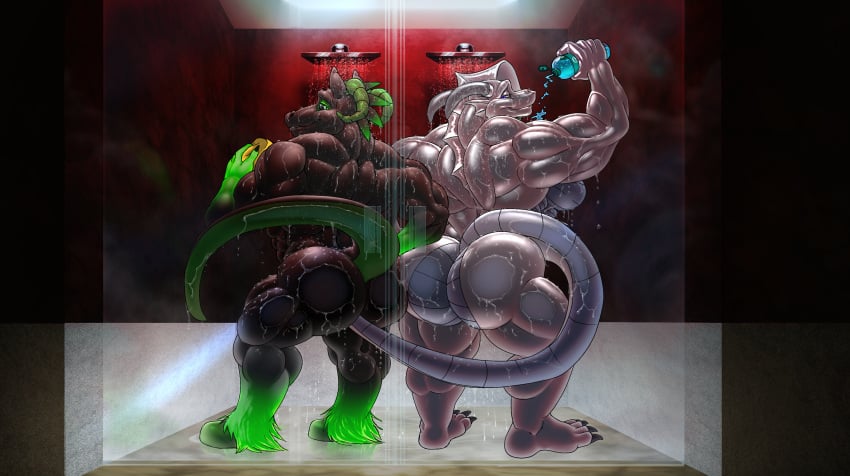 absurd_res against_surface anal anal_sex anthro ass big_butt bubble claws duo flexing haze hi_res hooves looking_back male male/male muscular muscular_male nude on_glass penetration pose shower silversketch smile suds tail tail_fetish tail_play thick_thighs wet