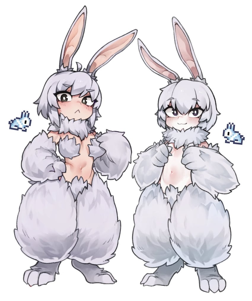 2girls anthro anthro_only breasts bunny bunny_ears bunny_girl covered_nipples covering_breasts cute female female_focus female_only fluffy fur nyong_nyong petite rabbit rabbit_girl rabbit_humanoid small_breasts terraria white_background white_fur white_hair