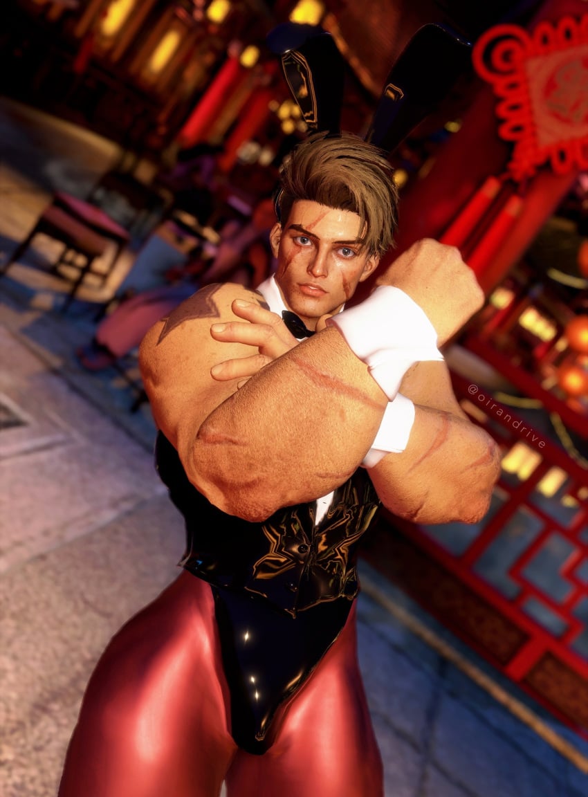 1boy 1human 1male 3d 3d_(artwork) 3d_model blonde_hair blue_eyes bunny_ears bunnysuit capcom flexing flexing_arm luke_sullivan male male_only muscular oirandrive scar_on_face solo solo_focus solo_male street_fighter street_fighter_6