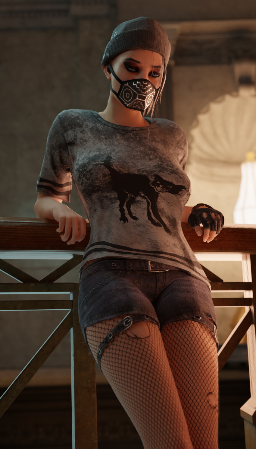 3d beanie beanie_hat belt dbd dead_by_daylight female female_only fishnets gloves leaning leaning_back mask masked masked_female nea_karlsson saltyu shirt shorts