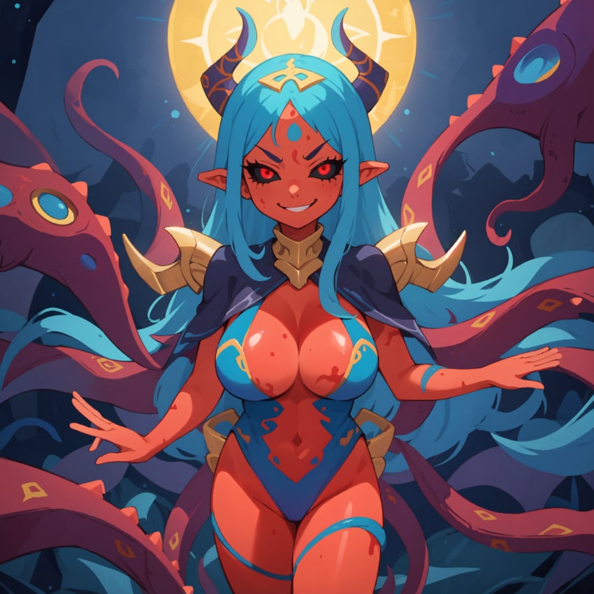 1girls ai_generated big_breasts black_sclera breasts cleavage cyan_hair eldritch_being eldritch_horror eldritch_humanoid evil evil_grin evil_smile female female_only gold gold_(metal) gold_jewelry jorgecarlosai leotard long_hair pointy_ears red_eyes smirk solo solo_female solo_focus tentacle tentacle_girl tentacle_monster thighs toned toned_female very_long_hair