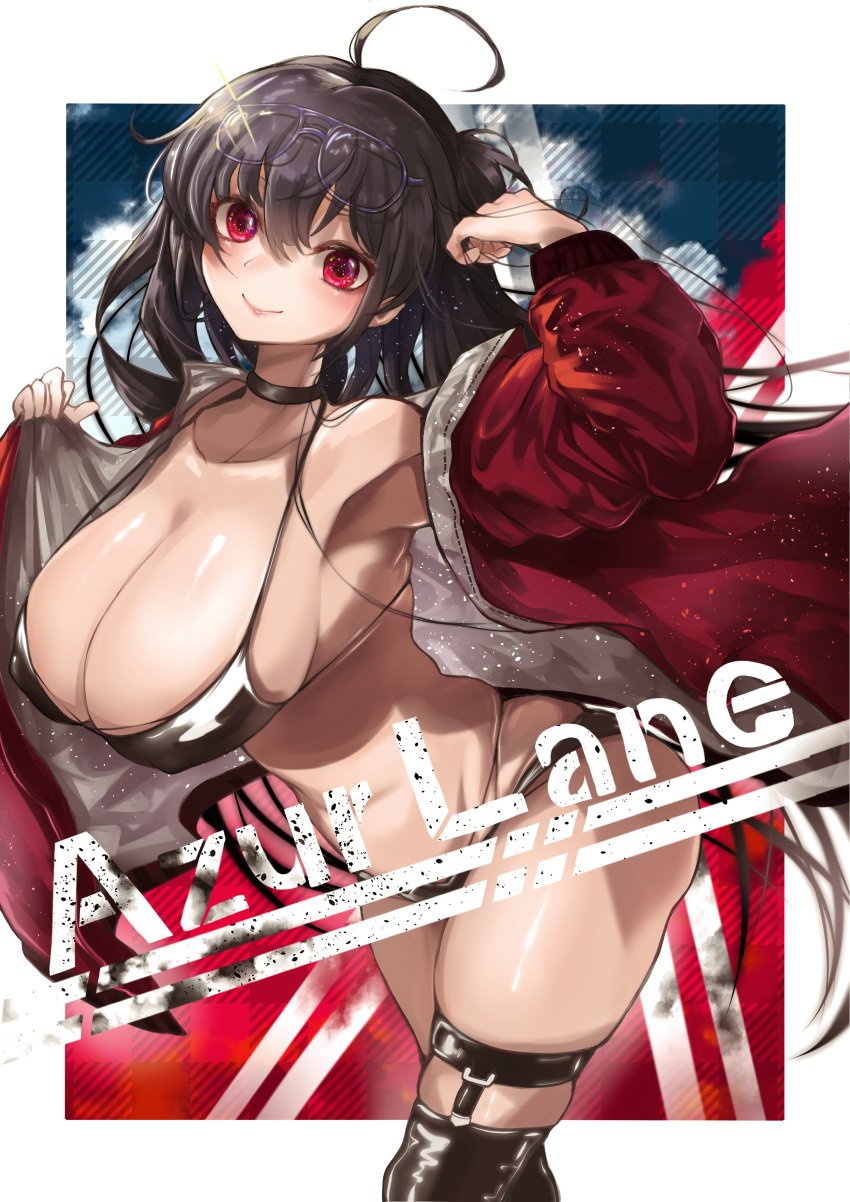 1girls absurdres ahoge armpits azur_lane bare_armpits bare_belly bare_stomach big_breasts bikini black_bikini black_choker black_hair black_hair_female black_thighhighs blush bra breasts choker cleavage closed_mouth commentary copyright_name covered_erect_nipples cowboy_shot eyewear_on_head female female_only glasses glasses_on_head glint hair_between_eyes hairless_armpits highres hourglass_figure huge_breast iparupua iparuputsua jacket large_breasts leaning_forward light_particles lips long_hair long_hair_female looking_at_viewer massive_breasts mouth_closed official_alternate_costume open_clothes open_jacket panties pointy_chin race_queen red_eye red_eyes red_eyes_female red_jacket sagging_breasts skindentation smile smile_at_viewer solo string_bikini swimsuit taihou_(azur_lane) taihou_(enraptured_companion)_(azur_lane) thick_thighs thigh_strap thighhighs thighs twintails woman