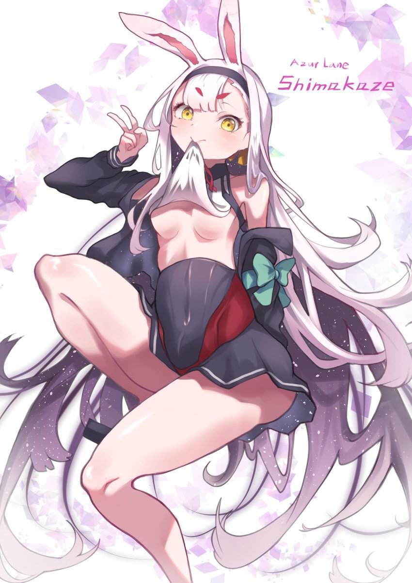 1girls animal_ear animal_ears azur_lane bare_shoulder bare_shoulders bare_thighs black_pupils boobs breasts clothes_in_mouth eyebrows_visible_through_hair female female_only hourglass_figure iparuputsua legs long_hair long_hair_female mature mature_female navel_visible_through_clothes no_bra only_female rabbit_ear rabbit_ears red_eyebrows shimakaze_(azur_lane) simple_background small_boobs small_breasts small_tits thick_legs thick_thighs thighs tits v_sign white_hair white_hair_female woman yellow_eye yellow_eyes yellow_eyes_female