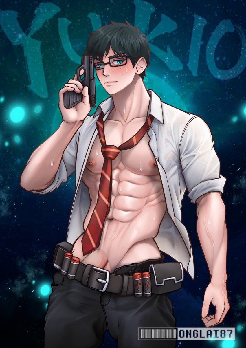 1boy 3/4_view adonis_belt ao_no_exorcist areolae bara barely_visible_balls belly_button belt biceps black_hair blue_eyes blush blush_lines blushing bullet_belt bullets button_down_shirt full_color glasses gun holding_gun holding_object holding_pistol human loose_necktie male_only mole moles mostly_clothed muscular_male necktie no_sex okumura_yukio onglai87 open_shirt partially_visible_penis penis_slip pinup pistol portrait shounen_jump solo_male sweating tagme veiny_arms veiny_muscles veiny_penis