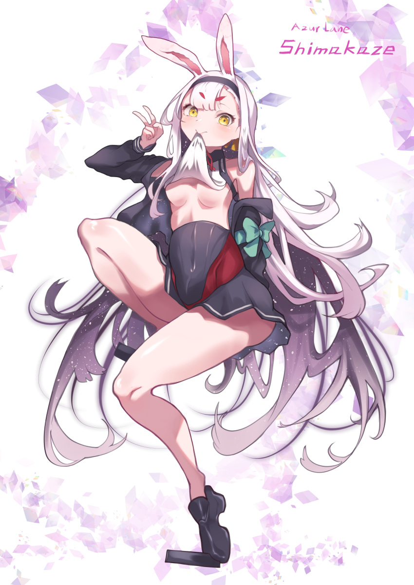 1girls animal_ear animal_ears azur_lane bare_shoulder bare_shoulders bare_thighs black_pupils black_shoes boobs breasts eyebrows_visible_through_hair female female_only hourglass_figure iparuputsua legs long_hair long_hair_female mature mature_female navel_visible_through_clothes no_bra only_female rabbit_ear rabbit_ears red_eyebrows shimakaze_(azur_lane) shoes simple_background small_boobs small_breasts small_tits thick_legs thick_thighs thighs tits v_sign white_hair white_hair_female woman yellow_eye yellow_eyes yellow_eyes_female