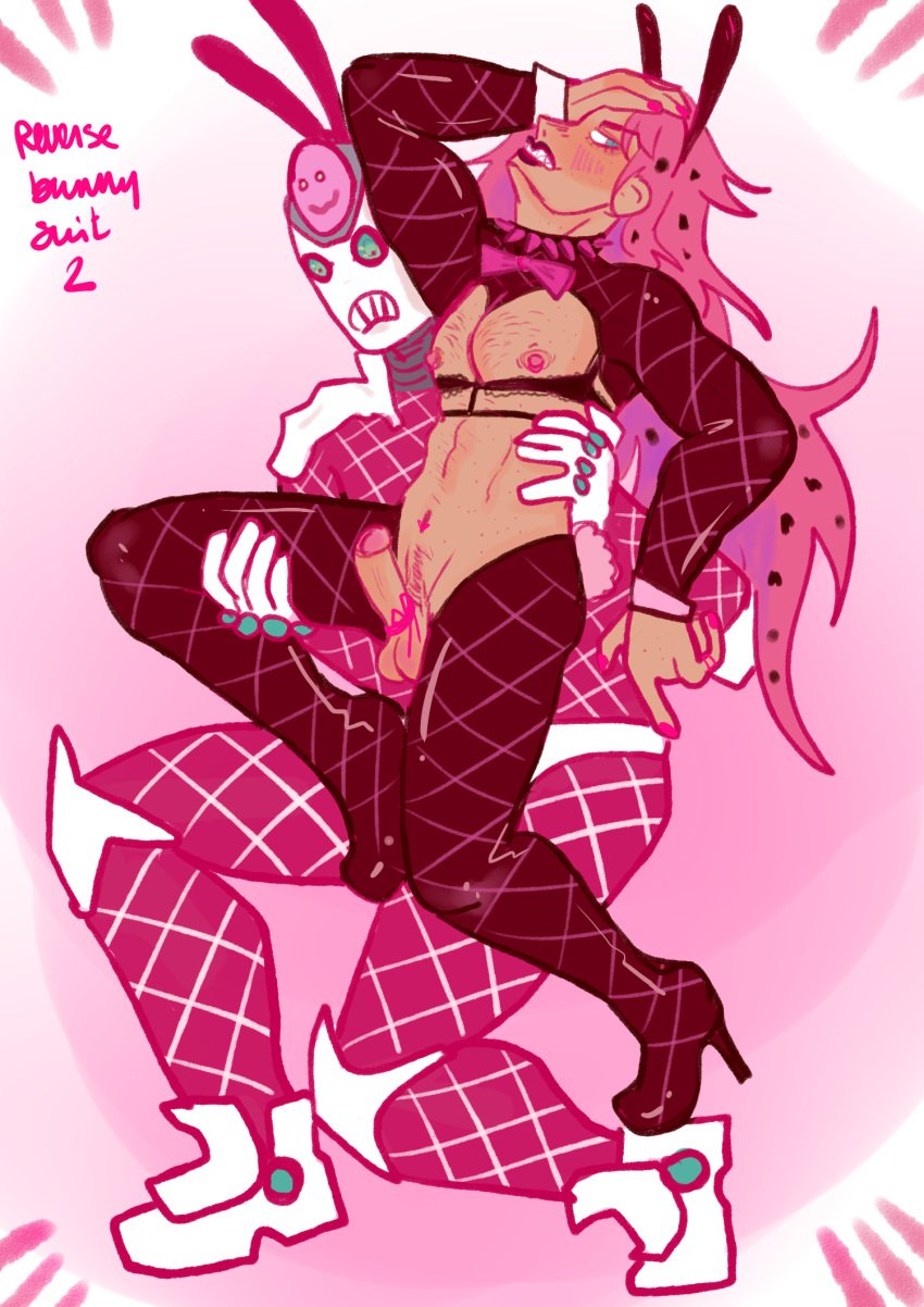 1boy bunny_boy bunny_ears bunny_tail bunnysuit diavolo high_heels jojo's_bizarre_adventure king_crimson male male_only penis stand_(jjba) succikkodraws vento_aureo