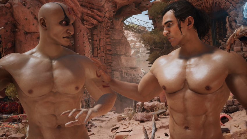 2boys 2humans 2males 3d 3d_(artwork) 3d_model abs bald bald_man bara bara_tiddies bara_tits black_hair dark-skinned_male dark_skin duo duo_focus edenian haviksluz male/male male_focus male_only mortal_kombat mortal_kombat_1_(2023) muscles muscular muscular_male netherrealm_studios outdoors pecs quan_chi rain_(mortal_kombat) shirtless shirtless_male topless topless_male