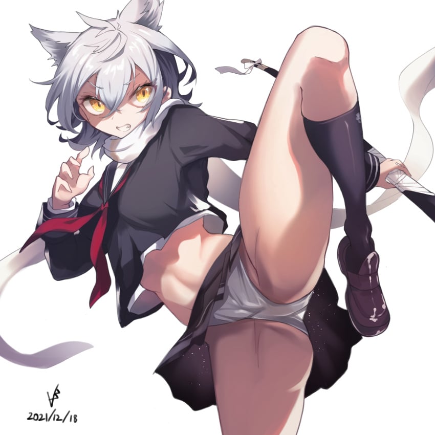 1girls absurdres alternate_version animal_ears artist_signature azur_lane bare_belly bare_stomach bare_thighs big_breasts black_shirt black_skirt black_socks breasts brown_footwear brown_loafers clenched_teeth commentary_request crossed_bangs dated eyelashes eyelashes_visible_through_hair eyes_visible_through_hair female female_only grimace hair_between_eyes highres holding holding_katana holding_object holding_sword holding_weapon huge_breast iparuputsua katana kick kicking large_breasts leg_up loafers long_scarf long_sleeves massive_breasts maya_(azur_lane) midriff neckerchief only_female open_mouth panties pantyshot peeping pleated_skirt pointy_chin red_neckerchief sailor_collar scarf school_uniform serafuku shaded_face sheath sheathed shirt shoes silver_hair simple_background skirt small_breasts socks solo stomach sword teeth teeth_clenched thighs underwear v-shaped_eyebrows weapon weapons white_background white_eyebrows white_eyelashes white_hair white_hair_female white_panties white_scarf wolf_ears woman yellow_eye yellow_eyes yellow_eyes_female