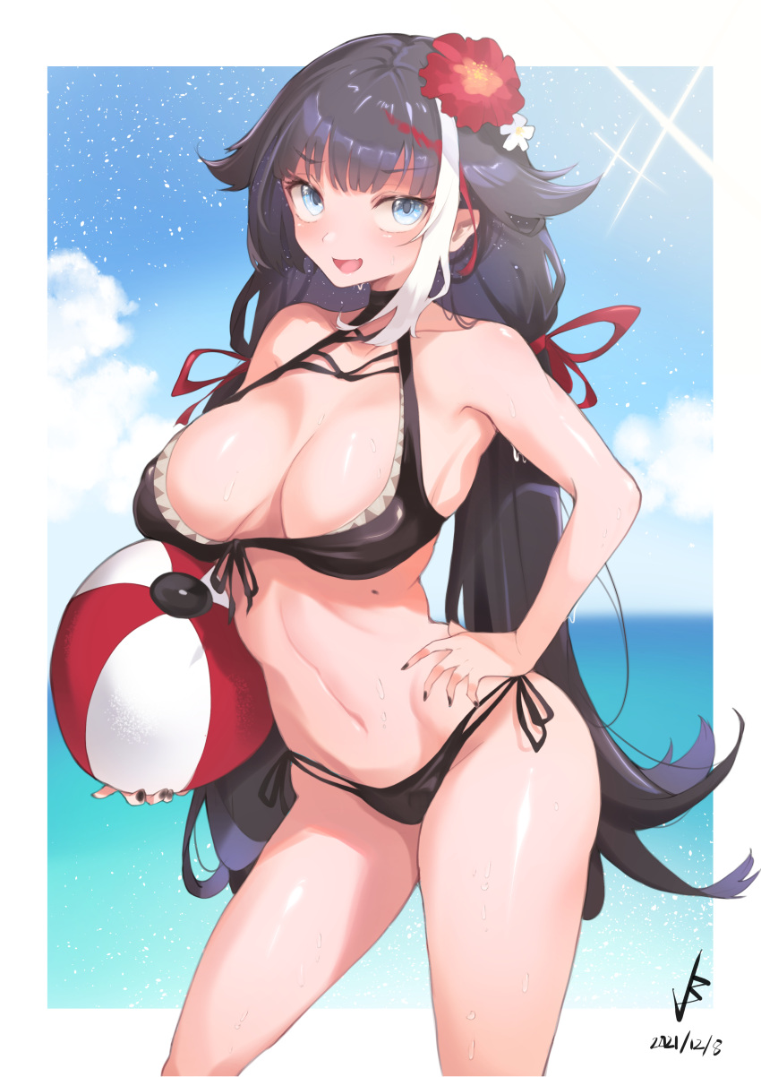 1girls armpits azur_lane bare_armpits bare_arms bare_belly bare_hands bare_shoulder bare_shoulders bare_stomach bare_thighs big_breasts bikini black_bikini black_eyebrows black_fingernails black_hair black_hair_female blue_eye blue_eyes blue_eyes_female blue_sky breasts cloud clouds cloudy_sky deutschland_(azur_lane) eyebrows_visible_through_hair eyelashes eyelashes_visible_through_hair female female_only fingernails hairless_armpits hourglass_figure huge_breast iparuputsua large_breasts long_hair long_hair_female massive_breasts only_female open_mouth pointy_chin string_panties volleyball woman