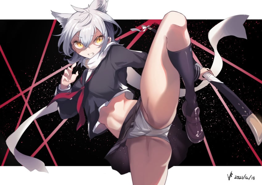 1girls absurdres animal_ears azur_lane bare_belly bare_stomach bare_thighs big_breasts black_shirt black_skirt black_socks breasts brown_footwear clenched_teeth commentary_request crossed_bangs dated eyelashes eyelashes_visible_through_hair eyes_visible_through_hair female female_only grimace hair_between_eyes highres holding holding_katana holding_object holding_sword holding_weapon huge_breast iparuputsua katana kick kicking large_breasts leg_up letterboxed loafers long_scarf long_sleeves massive_breasts maya_(azur_lane) midriff neckerchief only_female open_mouth panties pantyshot peeping pleated_skirt pointy_chin red_neckerchief sailor_collar scarf school_uniform serafuku shaded_face sheath sheathed shirt shoes silver_hair skirt small_breasts socks solo stomach sword teeth teeth_clenched thighs underwear v-shaped_eyebrows weapon weapons white_eyebrows white_eyelashes white_hair white_hair_female white_panties white_scarf wolf_ears woman yellow_eye yellow_eyes yellow_eyes_female