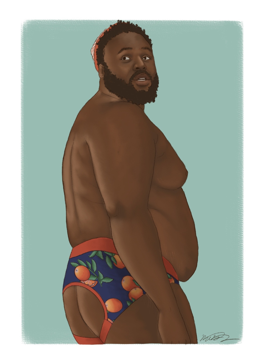 1boy 1male ass bara barazoku beanie beanie_hat beard beefy belly curly_hair dark-skinned_male fat fat_man full_lips gay head_turned_sideways jockstrap moobs no_visible_genitalia oluwande_boodhari oranges our_flag_means_death pirate printed_jockstrap queermedieval_(miles) side_view solo thick_arms thick_ass thick_male tummy