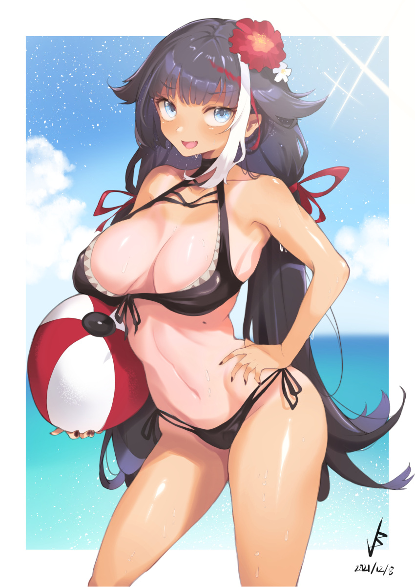 1girls armpits azur_lane bare_armpits bare_arms bare_belly bare_hands bare_shoulder bare_shoulders bare_stomach bare_thighs big_breasts bikini black_bikini black_eyebrows black_fingernails black_hair black_hair_female blue_eye blue_eyes blue_eyes_female blue_sky breasts cloud clouds cloudy_sky deutschland_(azur_lane) eyebrows_visible_through_hair eyelashes eyelashes_visible_through_hair female female_only fingernails hairless_armpits hourglass_figure huge_breast iparuputsua large_breasts long_hair long_hair_female massive_breasts open_mouth pointy_chin string_panties volleyball woman