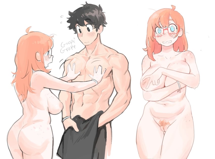 1boy arms_up ass black_eyes black_hair blue_eyes blush body_freckles breasts colo colo_(nagrolaz) covering_privates embarrassed female freckles glasses groping highres huge_breasts huge_nipples inverted_nipples kyler_(sweethex) long_hair looking_at_another looking_at_chest muscular muscular_male nude orange_hair orange_pubic_hair plump pubic_hair pussy red-framed_eyewear rita_(sweethex) short_hair sweethex white_wristband