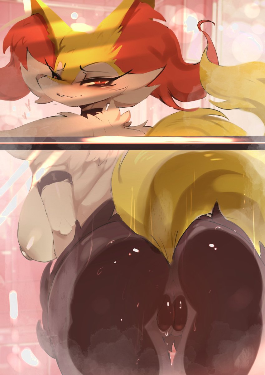 2d absurd_res against_surface anthro ashraely ass ass_on_glass bent_over big_breasts big_butt biped black_body braixen breasts female fur generation_6_pokemon genitals glass hi_res looking_at_viewer looking_back looking_back_at_viewer narrowed_eyes nintendo on_glass pokemon pokemon_(species) pussy pussy_on_glass rear_view smile solo yellow_body yellow_fur