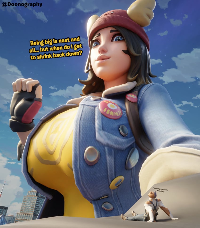 beanie big_breasts blue_eyes brown_hair city_background doonography epic_games fortnite fully_clothed giantess meowscles_(fortnite) skye_(fortnite) text