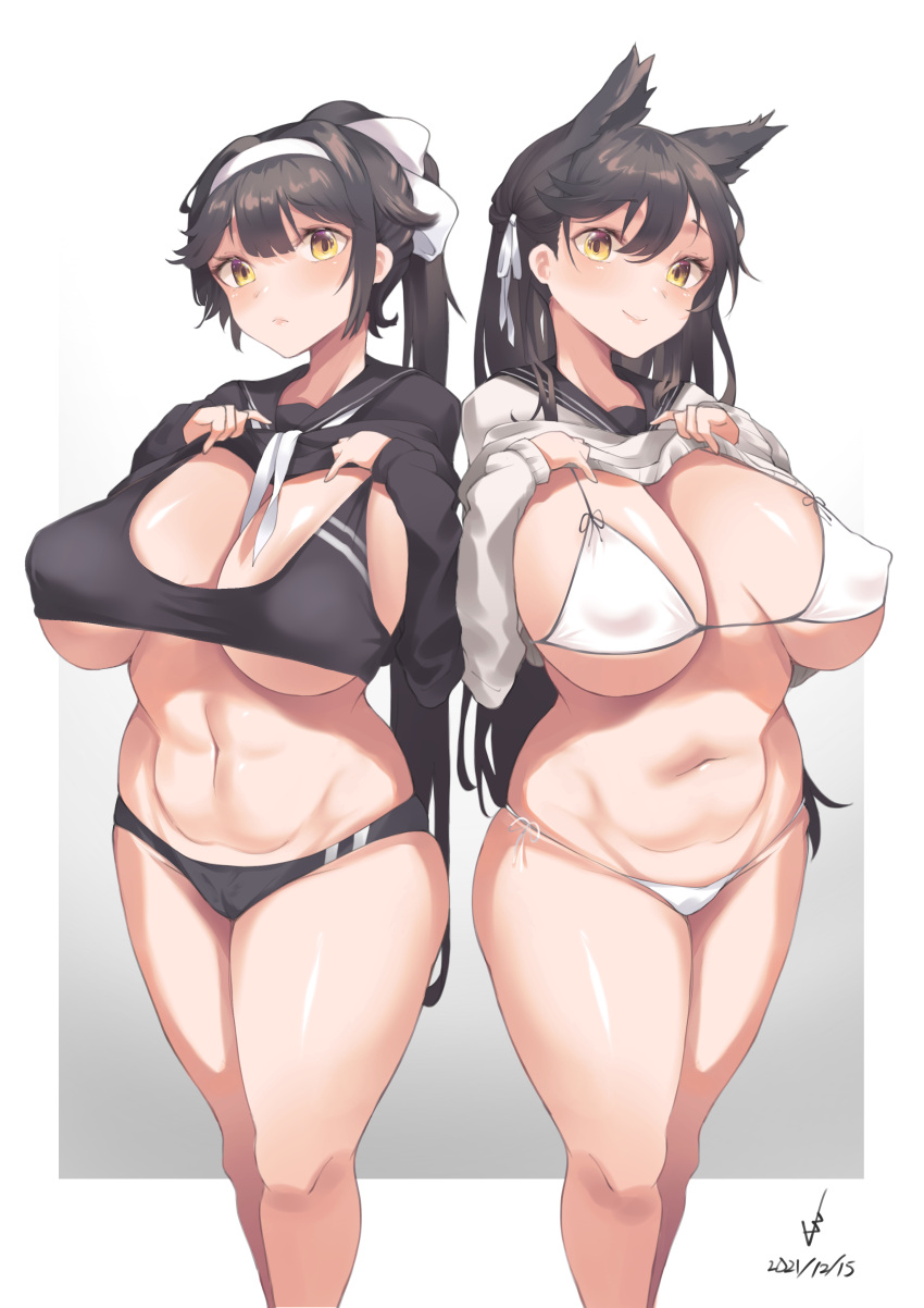 2girls animal_ears atago_(azur_lane) azur_lane bare_belly bare_stomach bare_thighs big_breasts bikini black_eyebrows black_hair black_hair_female black_panties black_pupils breasts eipelppa eyebrows_visible_through_hair female female_only hair_between_eyes hourglass_figure huge_breast iepelppa iparuputsua ipelppa large_breasts light-skinned_female light_skin long_hair long_hair_female massive_breasts multiple_girls navel panties pony_tail ponytail ponytail_female ponytails sakura_empire_(azur_lane) string_bikini string_panties takao_(azur_lane) thick_thighs thighs white_bikini white_panties woman yellow_eye yellow_eyes yellow_eyes_female