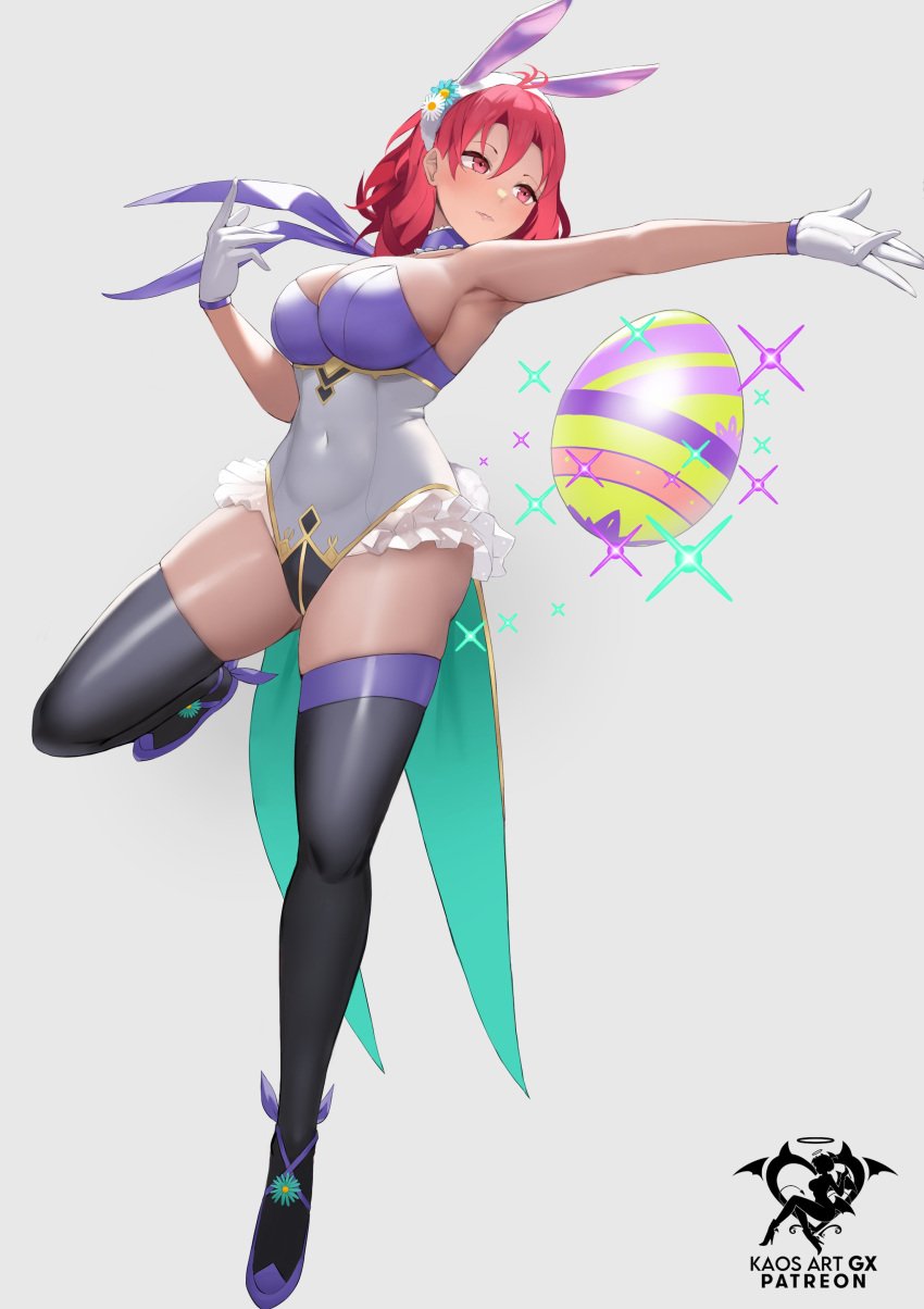 1girls absurdres alternate_costume armpits ass_visible_through_thighs breasts bunny_ears bunny_girl bunnysuit dark-skinned_female dark_skin easter easter_egg egg female female_only fire_emblem fire_emblem:_three_houses fire_emblem_heroes hapi_(fire_emblem) highres kaos_art large_breasts leotard nintendo playboy_bunny red_eyes red_hair skindentation solo thighhighs thighs