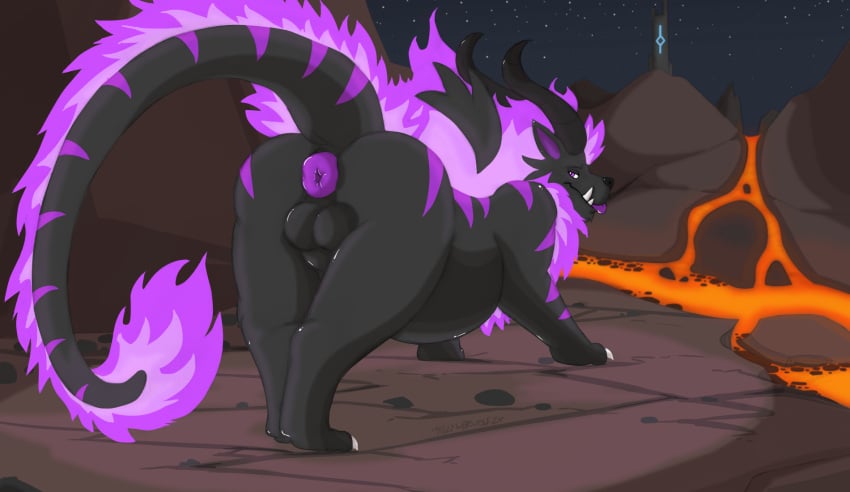 animal_genitalia anus ass ass_up big_anus black_body blazehowl colored_fire detailed_background fangs felid feral fire fully_sheathed genitals hi_res horn lava looking_at_viewer looking_back male mammal multicolored_body night pal_(species) palworld presenting presenting_anus puffy_anus purple_anus purple_fire raised_tail sheath sillywerwolf slightly_chubby slightly_chubby_feral smile solo striped_body stripes tail teeth tongue tongue_out tower two_tone_body volcano