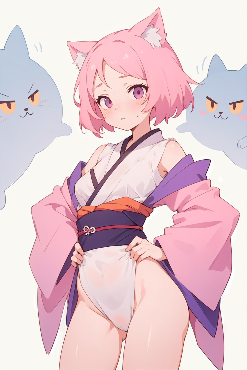 ai_generated animal_ears animal_girl cat_ears cat_girl catgirl cute ear hands_on_hips jorgecarlosai legs maiden petite petite_female pink_eyes pink_hair short_hair simple_background small_breasts thighs