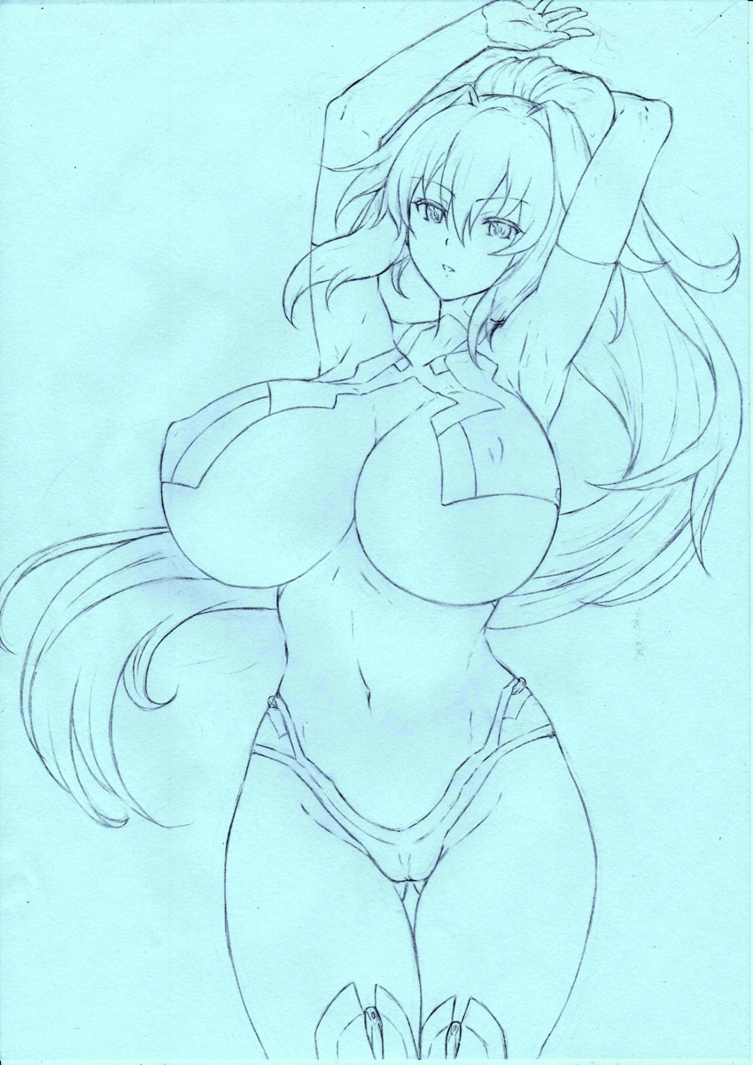 1girls armpits arms_behind_head big_breasts breasts busty cameltoe curvy green_heart_(neptunia) half-closed_eyes huge_breasts legs long_hair looking_at_viewer monochrome neptunia_(series) parted_lips ponytail pose posing seductive_gaze sensual sexy_armpits solo tagme thighs traditional_media underboob