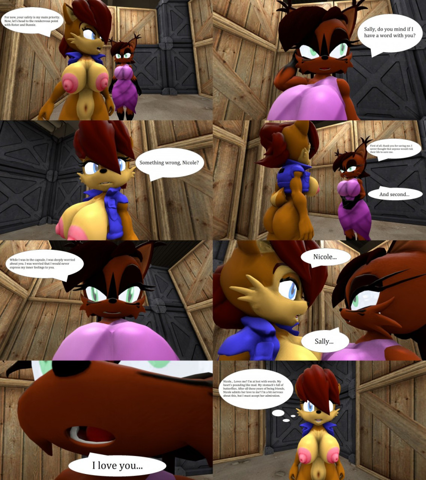 3d 3d_(artwork) archie_comics aroused big_areola big_breasts close-up comic confession dialogue kennythebobcat navel nicole_the_lynx nude partially_clothed pink_nipples puffy_pussy sally_acorn sega sonic_(series) sonic_the_hedgehog_(series) thick_thighs vest yuri