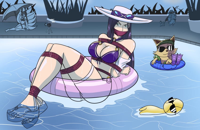 arms_behind_back arms_tied_behind_back bikini bondage bound breasts caitlyn_kiramman female gag gagged hat league_of_legends legs long_hair pool sandals sunglasses_on_hat swimsuit thigh_strap water