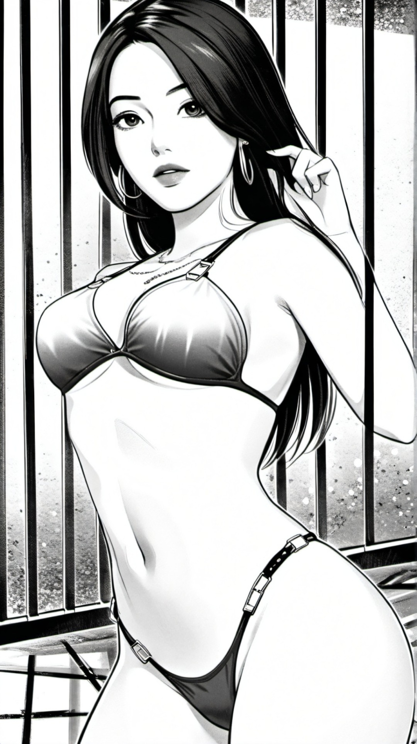 bikini bikini_bottom bikini_top black_and_white bra earrings female female_only hot_milf imprisoned long_hair manga_style milf panties pantsu prison prisoner