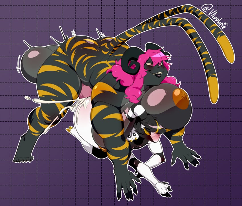 1boy 1futa 2_tails anthro balls big_balls big_breasts big_penis black_body black_fur black_hair black_markings blonde_highlights blush blush_lines bodily_fluids breasts cum cum_drip cum_inside cumflated_belly cumflation doggy_style dominant dominant_gynomorph dominant_intersex dripping duo ejaculation fan_character felid feline from_behind_position fur futa_on_male futadom futanari generation_5_pokemon genital_fluids genitals gold_nipples gold_stripes gynomorph gynomorph/male gynomorph_is_bigger gynomorph_penetrating gynomorph_penetrating_male hair herm herm_is_bigger hi_res highlights_(coloring) horn huge_balls huge_breasts huge_cock inflation intersex intersex/male intersex_penetrating intersex_penetrating_male io_(sparkwelkin) larger_futanari larger_on_top leaking_cum male male_penetrated mammal markings multi_tail nintendo pantherine penetration penis pink_hair pokemon pokemon_(species) purple_eyes rough_sex scolipede sex shina_(intresszero) size_difference smaller_male stripes tail tiger vapplepie white_sclera yellow_eyes yellow_sclera