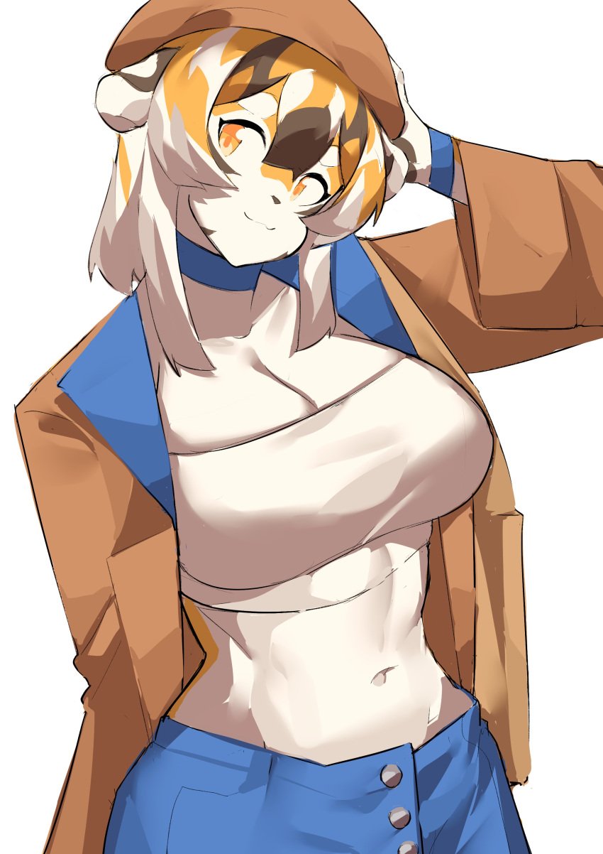 1girls anthro anthro_only belly_button beret big_breasts breasts cleavage clothed clothing female hat jacket midriff mx99926 navel short_hair smile smiling striped striped_body striped_fur stripes thick_thighs tiger tiger_ears tiger_girl tiger_tail wide_hips