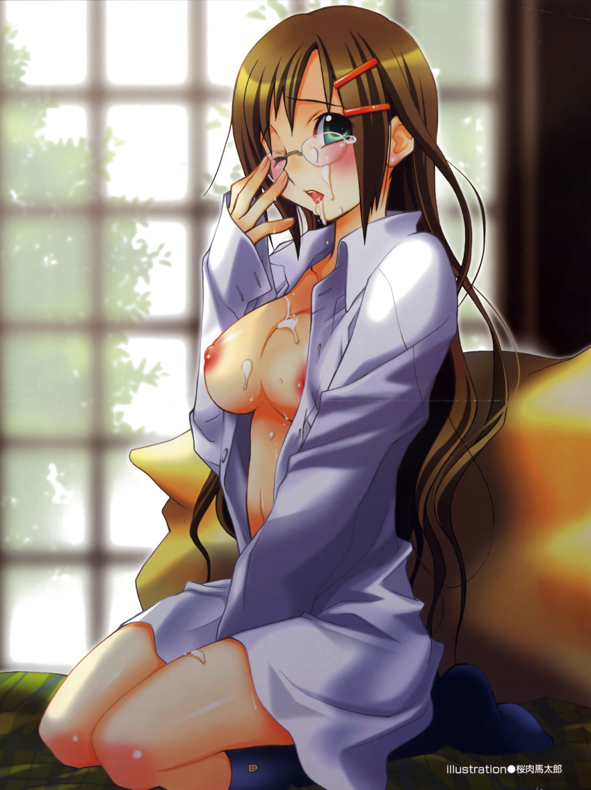 blush breasts brown_hair cum footwear glasses green_eyes hair_ornament hairclip highres open_clothes open_shirt sakuraniku_umatarou shirt socks