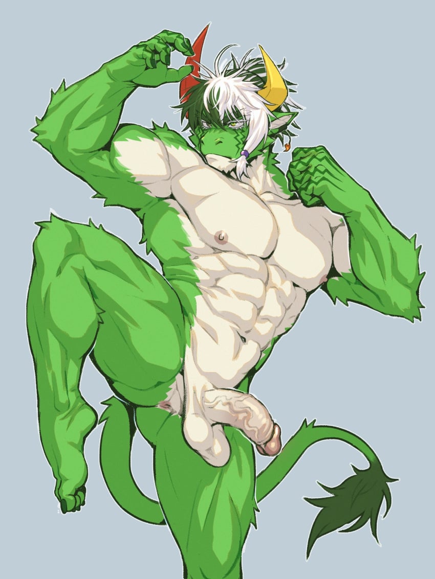3:4 abs anthro anus areola balls biped countershade_fur countershade_torso countershading dragon fur furred_dragon furred_scalie genitals glans green_body green_fur hair hi_res horn humanoid_genitalia humanoid_penis jacketbear male muscular muscular_anthro muscular_male mythological_creature mythological_scalie mythology navel nipples pecs penis scalie solo tail tail_tuft tuft vein veiny_penis