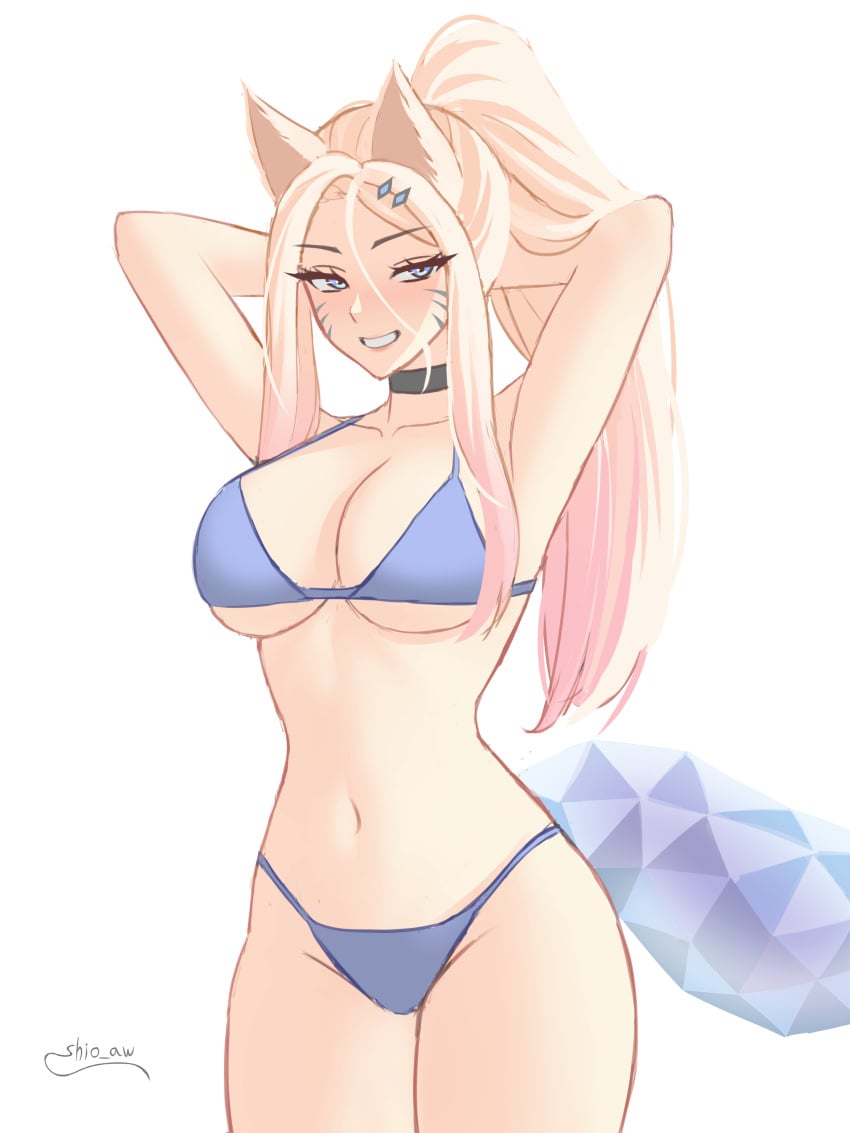 1girls ahri animal_ears arms_behind_head belly_button bikini bikini_bottom bikini_top blonde_female blonde_hair blue_eyes breasts choker cleavage eyebrows eyelashes facial_markings female fox_ears fox_girl fox_tail grin hourglass_figure k/da_ahri k/da_all_out_ahri k/da_all_out_series k/da_series large_breasts league_of_legends long_hair looking_at_viewer midriff navel ponytail riot_games shio_aw smile solo solo_female swimsuit swimwear thong underboob white_background