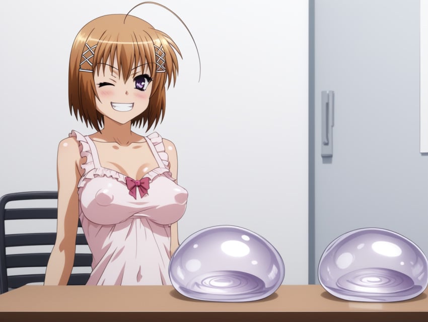 ai_generated alternate_breast_size haruna_(kore_wa_zombie_desu_ka?) implants kore_wa_zombie_desu_ka? nipples_visible_through_clothing visible_implants wink