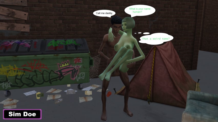 3d alien alien_girl alien_humanoid alien_on_human big_cock big_dick caption carrying_position comic comic_page dark-skinned_male dark_skin dialogue dirty_willy(sim_doe) english english_text female green_hair green_skin hobo homeless homeless_male huge_cock huni_of_8-x5(sim_doe) interracial interspecies legs_together male male/female maledom naked naked_female naked_male night nude nude_female nude_male original_characters outdoors pantsless pantsless_male petite petite_body petite_female sex sex_from_behind sim_doe sims sims4 sims_4 skinny skinny_female speech_bubble speech_bubbles the_sims the_sims_4