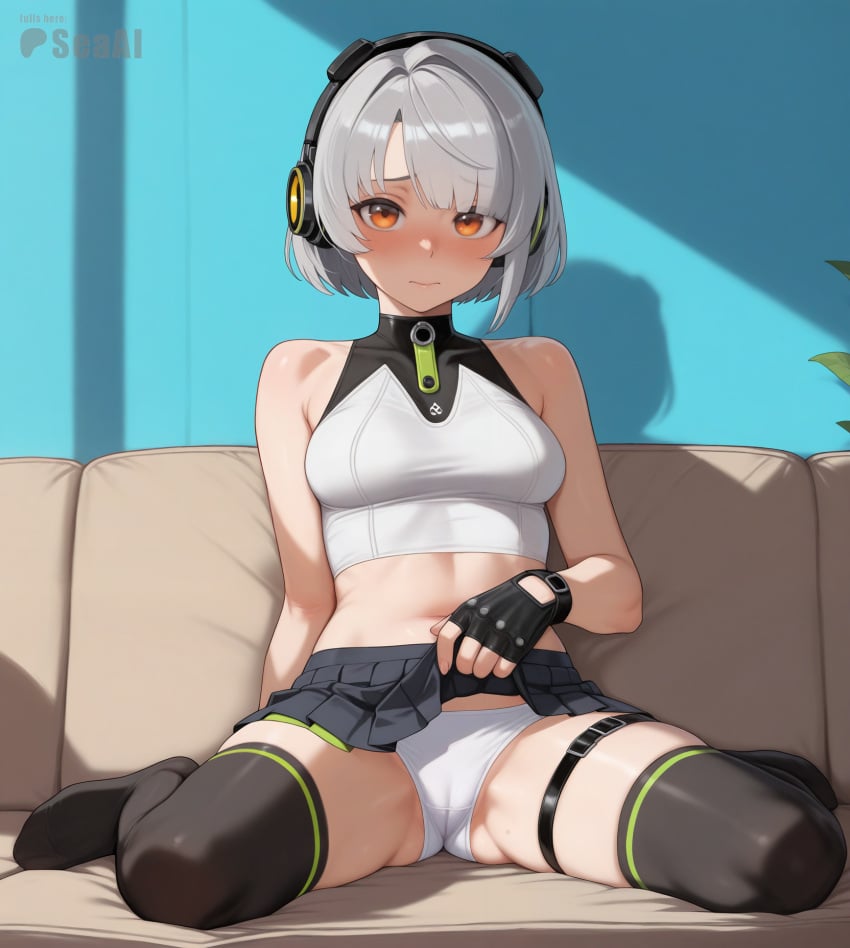 1girls ai_generated anby_demara blush cameltoe couch crop_top curvy curvy_figure headphones hoyoverse indoors lifting lifting_skirt looking_at_viewer medium_breasts mihoyo on_couch panties seacreator shy sitting solo spread_legs stockings upskirt wariza wide_hips zenless_zone_zero zettai_ryouiki