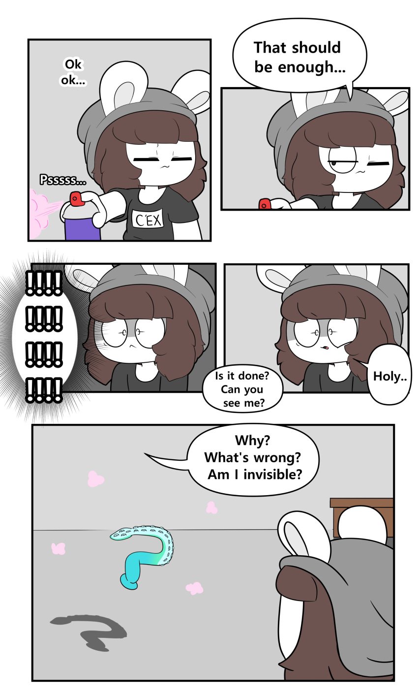 2d anthro beanie_hat black_shirt buttplug comic furry invisible invisible_girl oc page_4 sex_toy shocked_expression spray_can tentacle_sex_toy text tina_(tonytoran) tony_(tonytoran) tonytoran white_fur