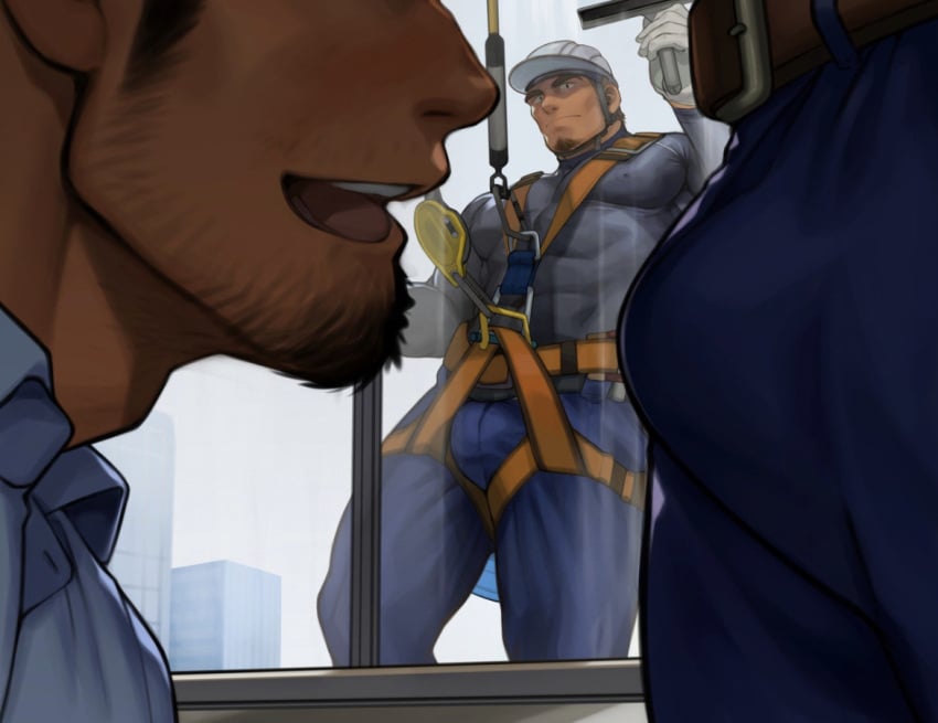 bara bara_tits belt bulge collared_shirt dress_shirt flaccid gay gay_sex goatee harness helmet icebanon jeans male male/male male_only pecs skintight_bodysuit smile tarutoru white_shirt window window_cleaner yaoi