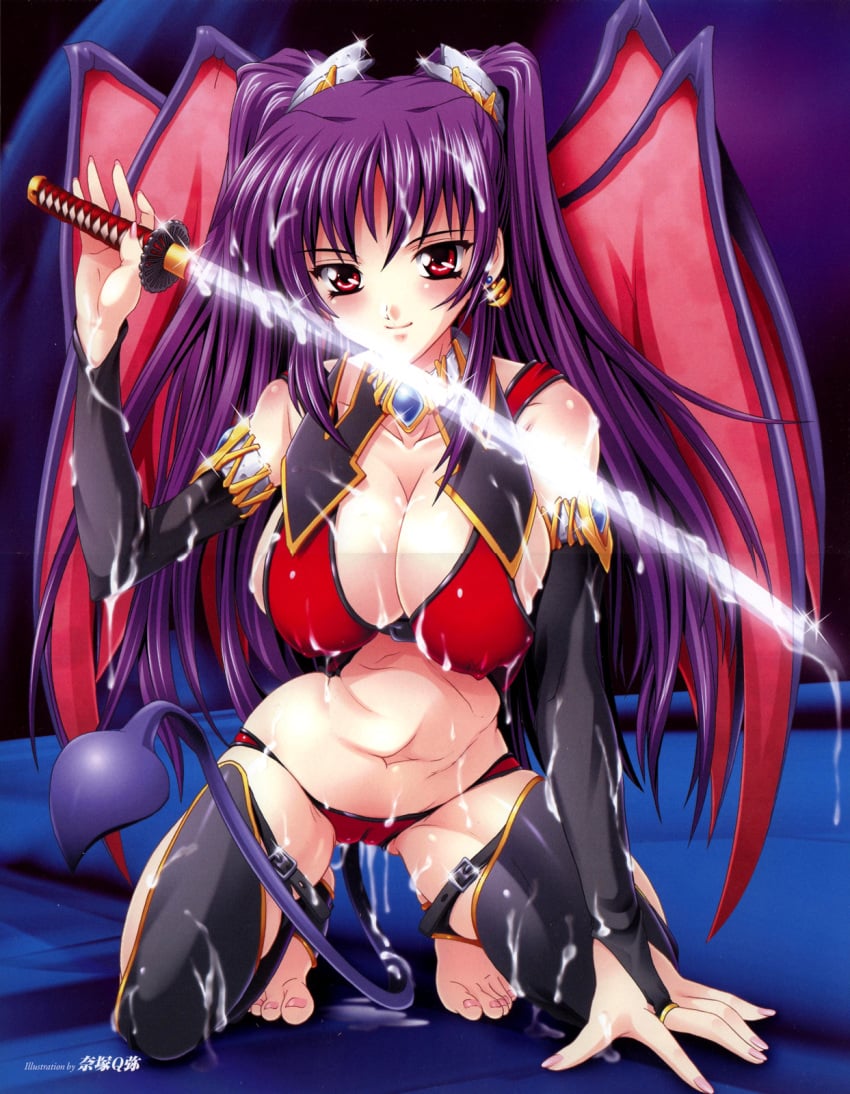 breasts cameltoe cleavage cum demon_girl earrings elbow_gloves erect_nipples gloves highres jewelry natsuka_qya purple_hair red_eyes straight_hair sword tail tied_hair toeless_socks toes twintails weapon wings