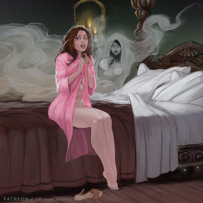 2girls bed covering female_focus frans_mensink ghost implied_yuri lingerie sleepwear spooky tagme