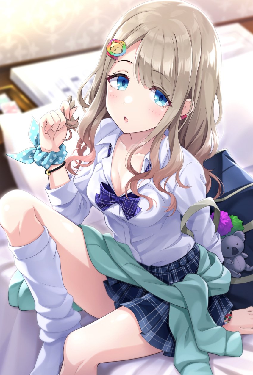 blurry_background bow breast brown_hair charm_(object) chesnut_mouth cleavage collared_shirt commentary_request copyrights:idolmaster depth_of_field dress_shirt gyaru highres idolmaster_shiny_colors indoors kneehighs kogal long_hair looking_at_viewer loose_socks medium_breasts no_shoes on_bed parted_lips plaid_bow plaid_clothes purple_bow school_bag school_uniform shirt sitting sitting_on_bed skirt socks solo urabi_(tomatohouse)