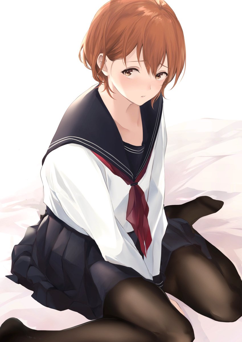 akito_(d30n26) black_pantyhose brown_eyes female hands_between_legs highres light_blush long_sleeves looking_at_viewer nagi_(akito) neckerchief orange_hair original pantyhose pleated_skirt school_uniform serafuku sitting skirt solo wariza white_background