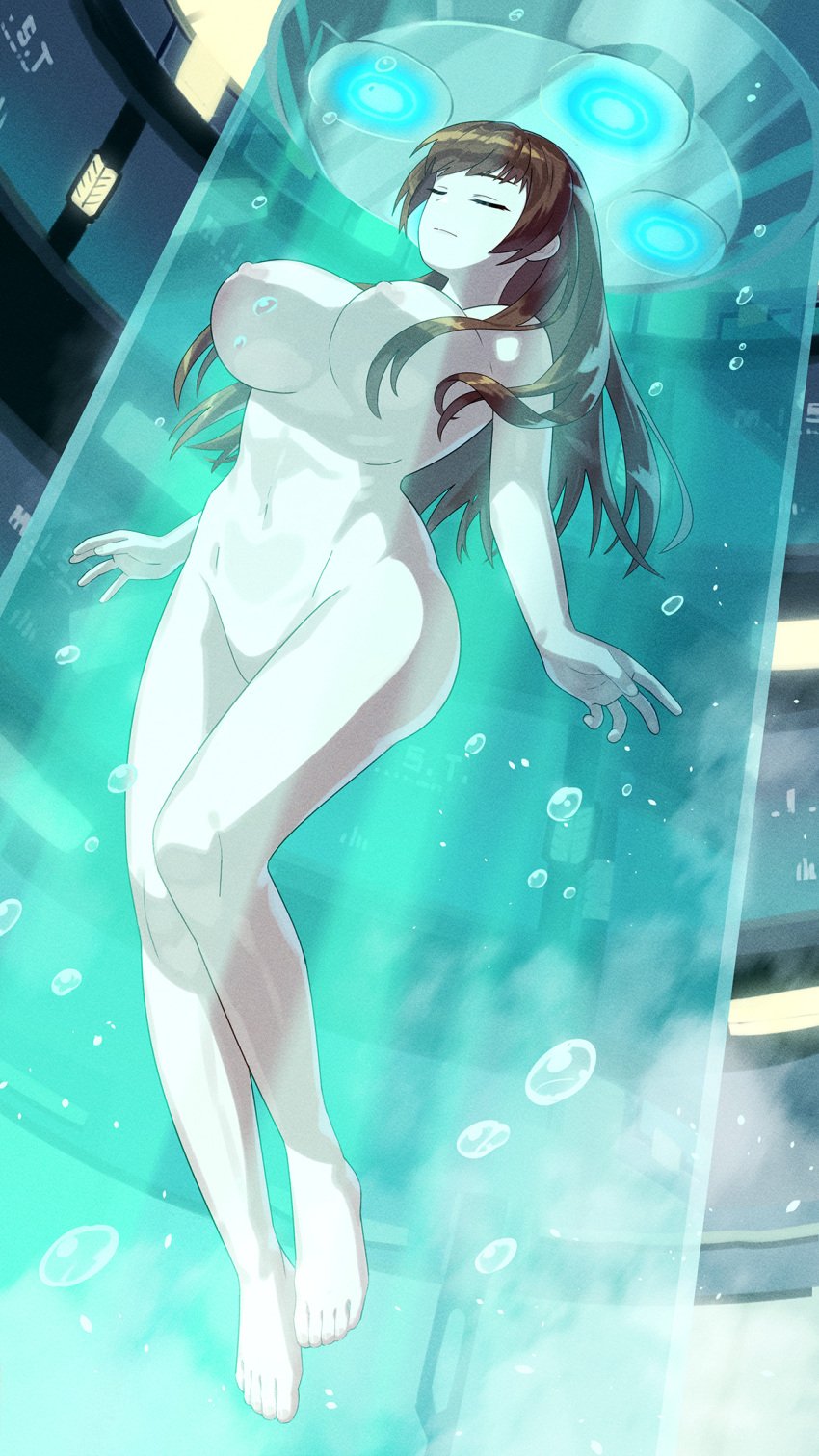 barefoot breasts brown_hair bubble closed_eyes closed_mouth commentary_request commission completely_nude dead_or_alive dead_or_alive_6 feet female full_body highres indoors kasumi_(doa) laboratory large_breasts liquid long_hair navel nude science_fiction skeb_commission solo stasis_tank submerged toes tube vat yagi2013