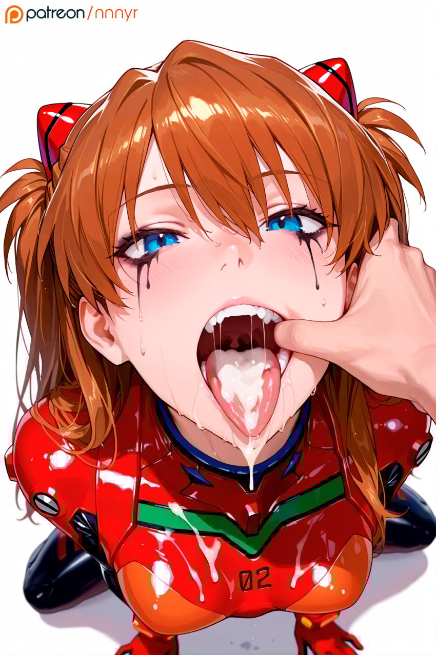 1boy 1girls after_fellatio after_oral ai_generated asuka_langley_sohryu blue_eyes blush bodysuit brown_hair cum_in_mouth cum_trail female finger_in_mouth from_above horny horny_female kneeling latex latex_suit long_hair looking_at_viewer male mouth mouth_pull neon_genesis_evangelion nnnyr open_mouth pleasure_face pleasured plugsuit pov pov_eye_contact red_bodysuit running_makeup runny_makeup saliva solo_female solo_focus stable_diffusion stockings straps teeth teeth_showing throat tongue tongue_out twintails twintails_(hairstyle) uvula visible_throat wet wet_body wet_breasts