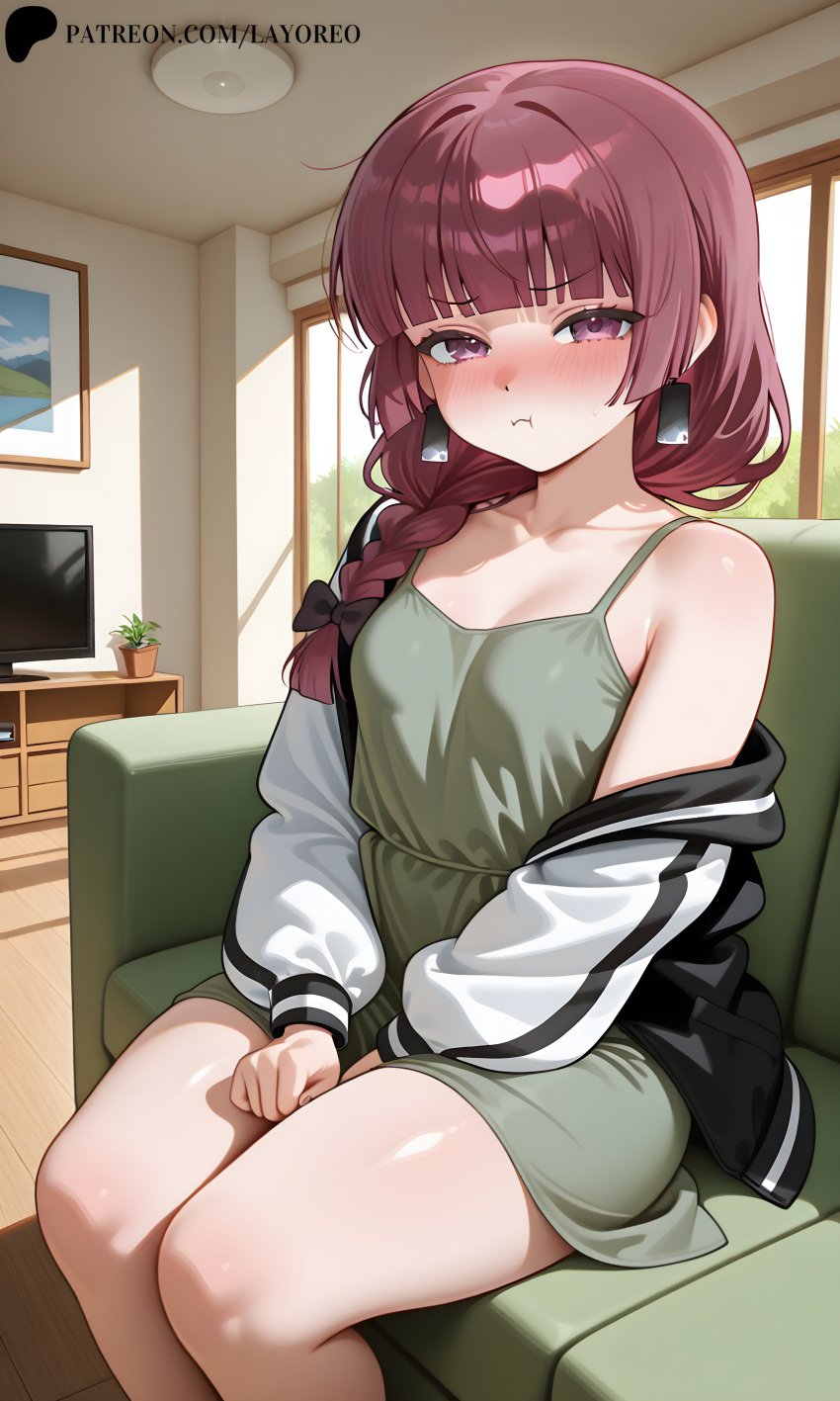 1girls ai_assisted ai_generated ass blush blushed bocchi_the_rock! breasts dress female green_dress hiroi_kikuri lay-oreo legs legs_together pout red_eyes red_hair seductive seductive_look seductive_smile shy sitting small_breasts solo thick_thighs thighs