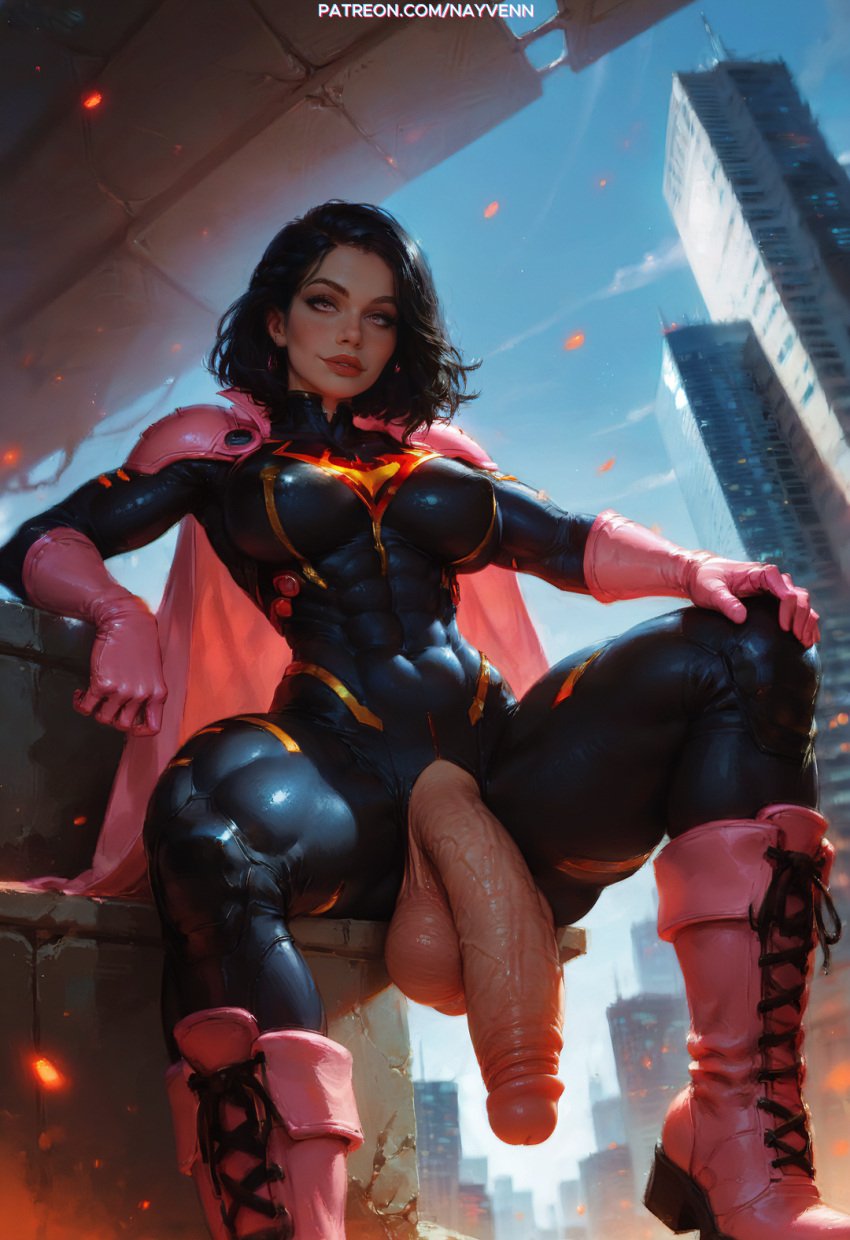 abs ai_generated black_hair boots cape city cityscape dickgirl dickgirl_only flaccid flaccid_penis futa_focus futa_only futanari gloves heroine huge_cock intersex legs_apart legs_spread looking_at_viewer nayvenn penis pink_eyes self_upload skyscraper smile stable_diffusion superhero superhero_costume superheroine