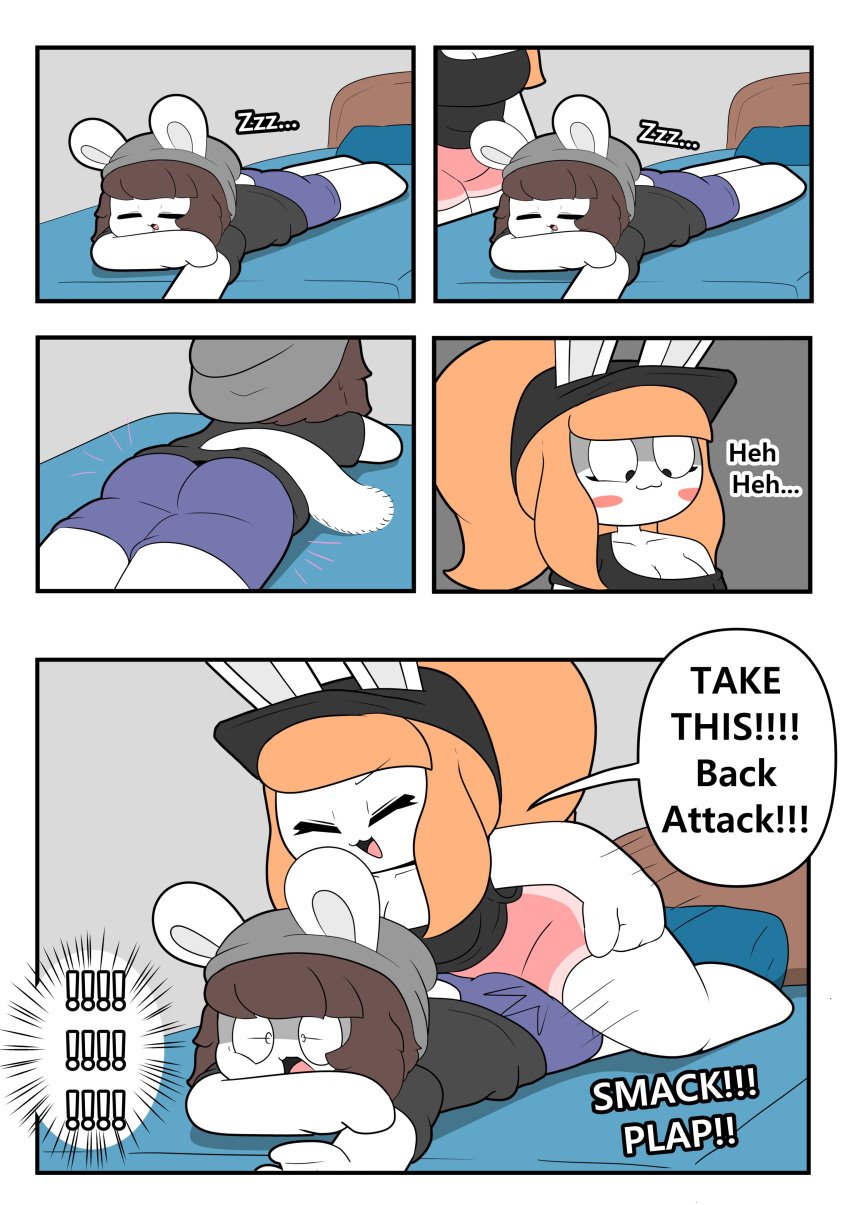 1boy1girl 2d bed bedroom black_shirt blue_pants blush blushing_female bunny_girl chinchilla comic furry furry_female furry_male mounting oc page_1 prank sleeping suprised suprised_look tina_(tonytoran) tony_(tonytoran) tonytoran