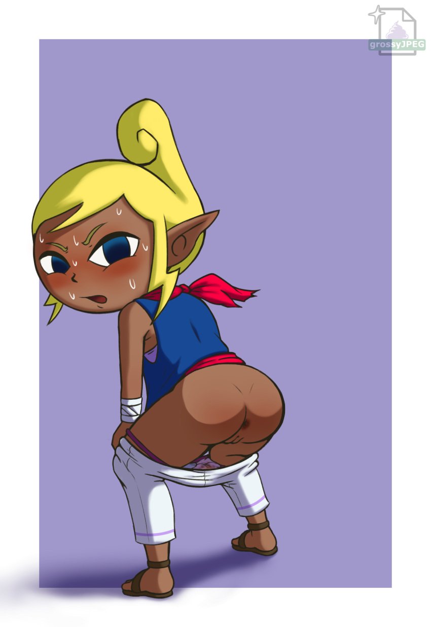 anus ass ass_focus blonde_hair blue_eyes butt_focus dark_skin fully_clothed nintendo pussy sweat tetra the_legend_of_zelda the_wind_waker twerking white_pants wind_waker young