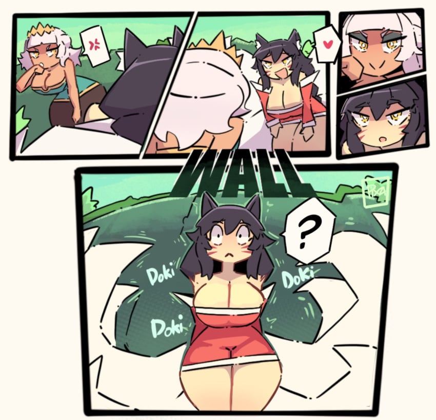 1futa 1girls ahri animal_ears big_breasts big_thighs breasts brown_skin comic comic_page dark-skinned_female dark_skin digital_media_(artwork) female fox_ears fox_girl futa_on_female futanari human intersex league_of_legends light-skinned_futa light-skinned_futanari light_skin nsfw nude pixzapix qiyana_yunalai thick_thighs thighhighs tights white_hair yuri