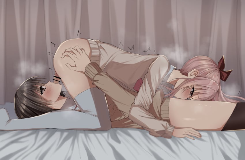 1girls 1other 69 69_position akiyama_mizuki ass ass_grab bed bedroom blush brown_hair female futa_on_female futanari intersex leggings legwear mtf_crossgender oral partially_clothed partially_clothed_female partially_nude partially_undressed penis pink_eyes pink_hair project_sekai school_uniform schoolgirl sex shinonome_ena short_hair side_ponytail thighs transfem