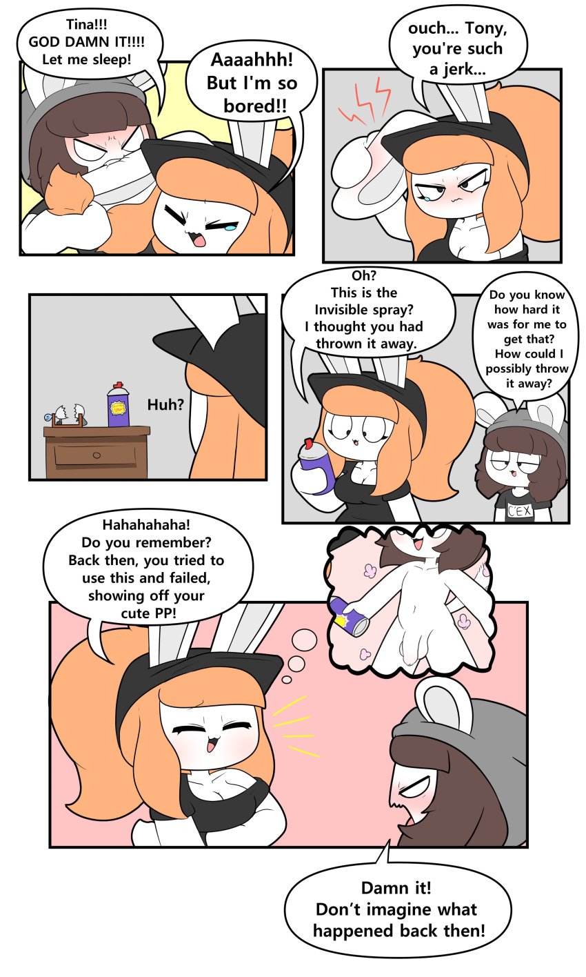 2d angry anthro biting_ear black_shirt brown_hair bunny_girl chinchilla comic nude_anthro nude_male oc orange_hair page_2 penis spray_can text tina_(tonytoran) tony_(tonytoran) tonytoran tugging_hair white_fur